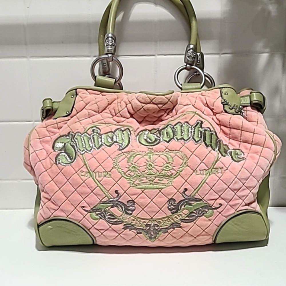 Juicy Couture Vintage Y2K SALE Rare Velvet Pink and Green Women's Bag - Picture 15 of 16